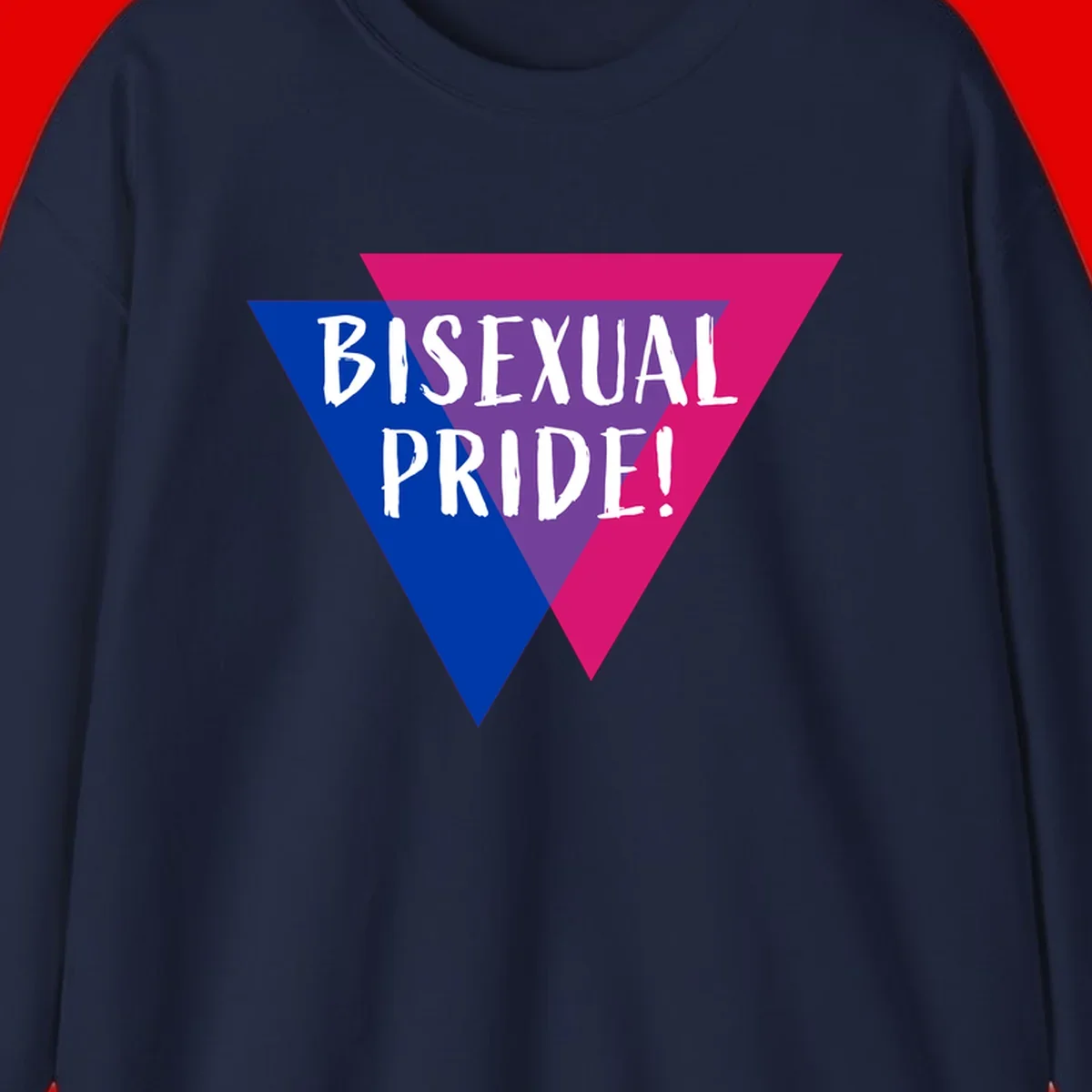 Bisexual pride flag triangle with blue, purple, and magenta sections and white text reading BISEXUAL PRIDE!