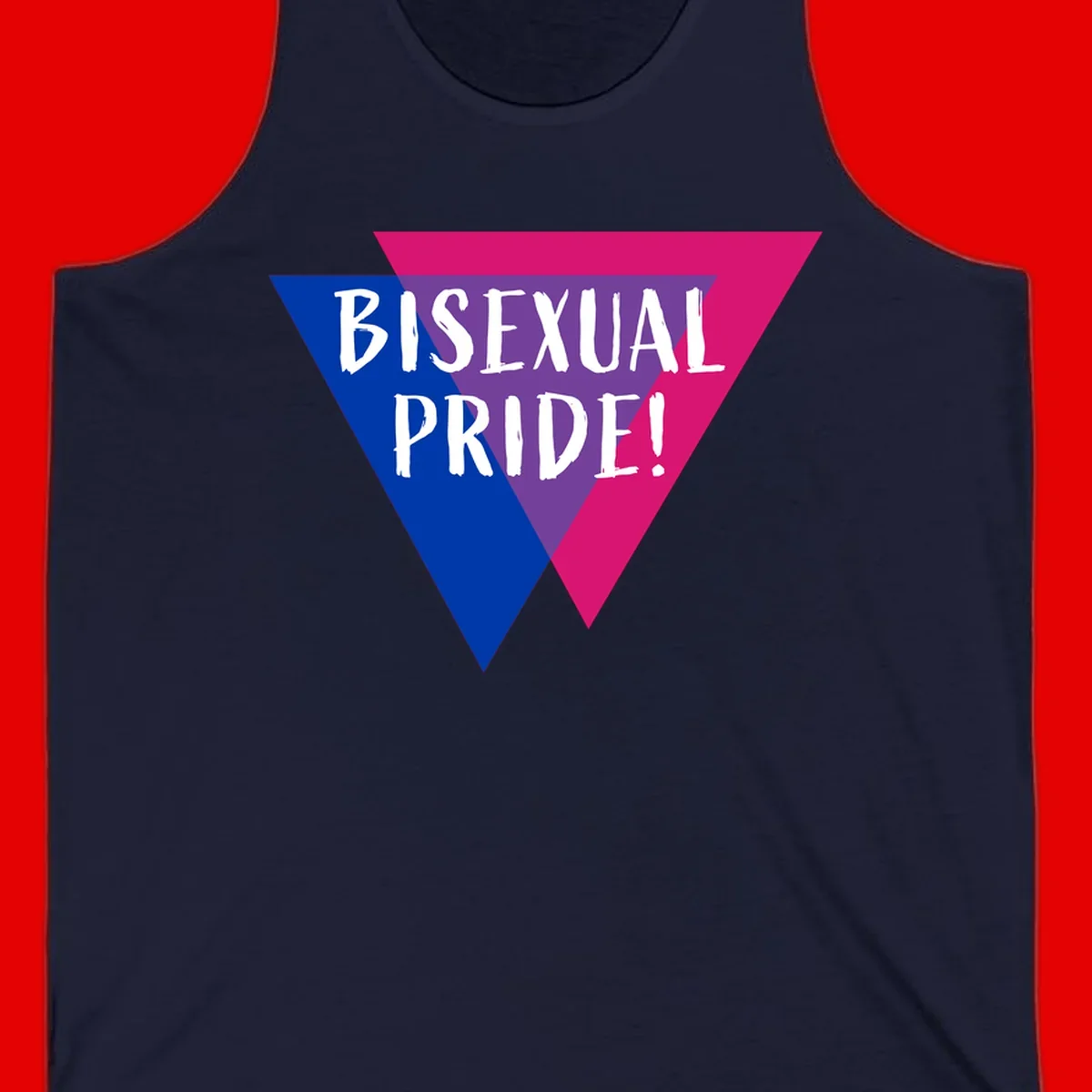 Bisexual pride flag triangle with blue, purple, and magenta sections and white text reading BISEXUAL PRIDE!