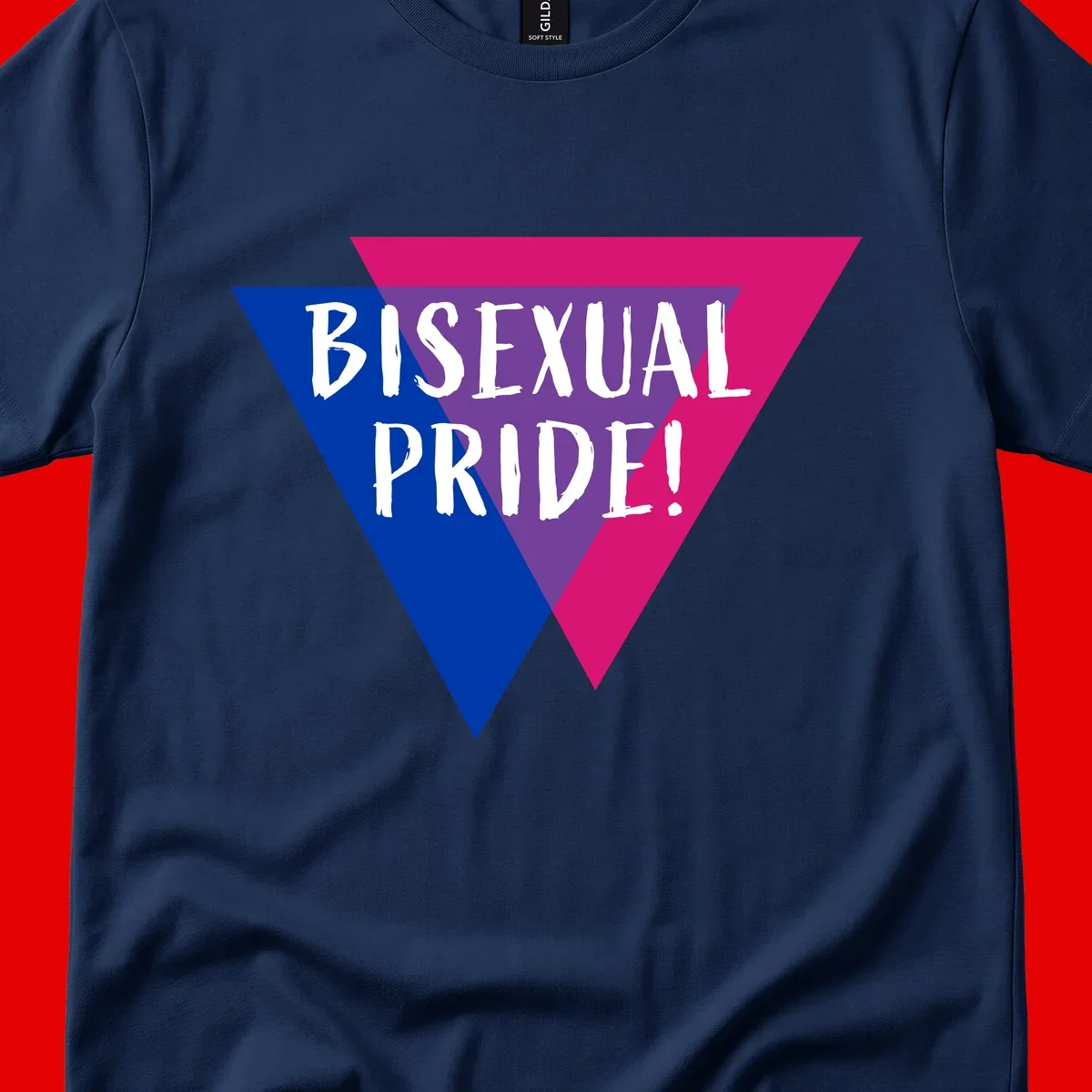 Bisexual pride flag triangle with blue, purple, and magenta sections and white text reading BISEXUAL PRIDE!