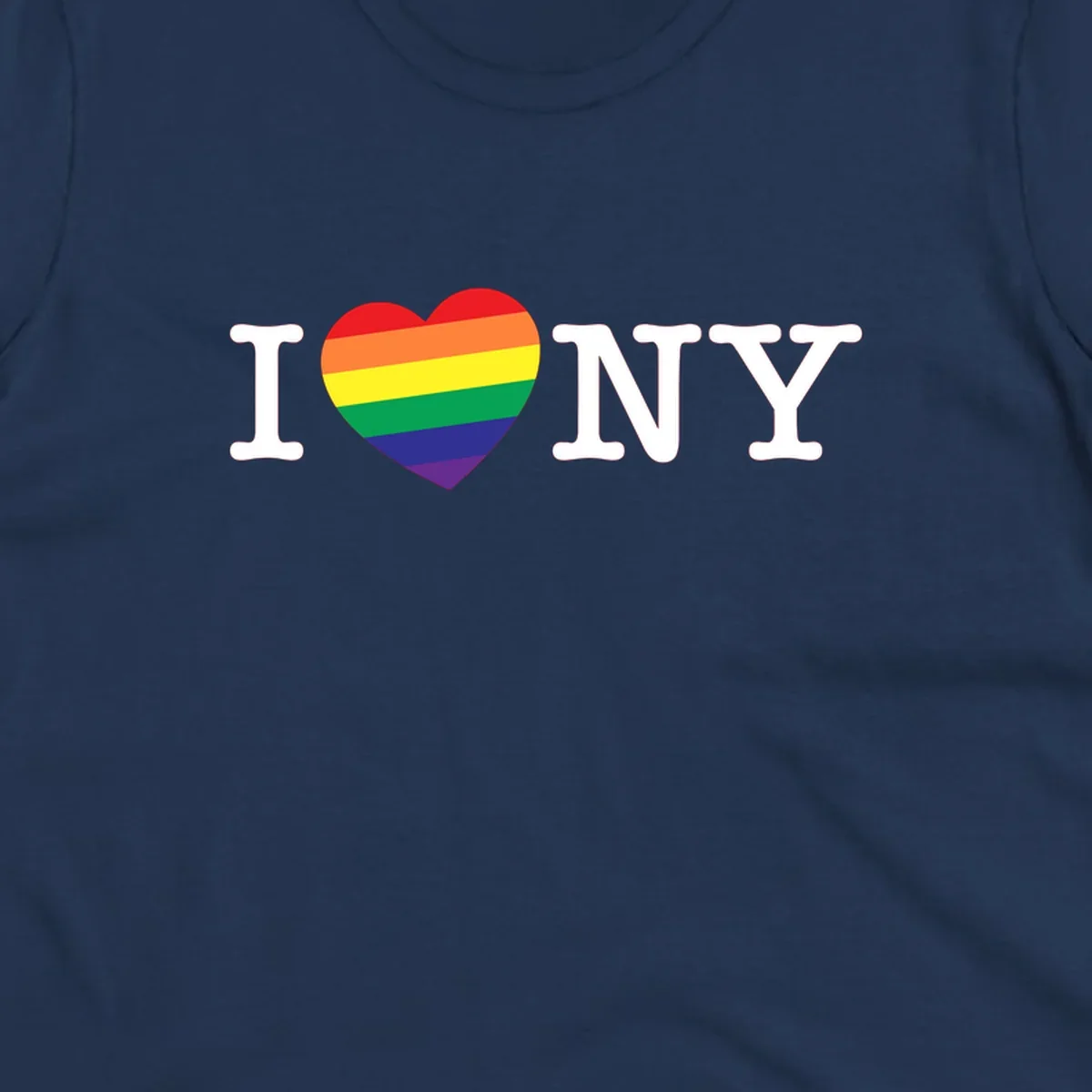 I Love New York Pride design with rainbow heart replacing the love symbol, featuring pride flag colors on gray background