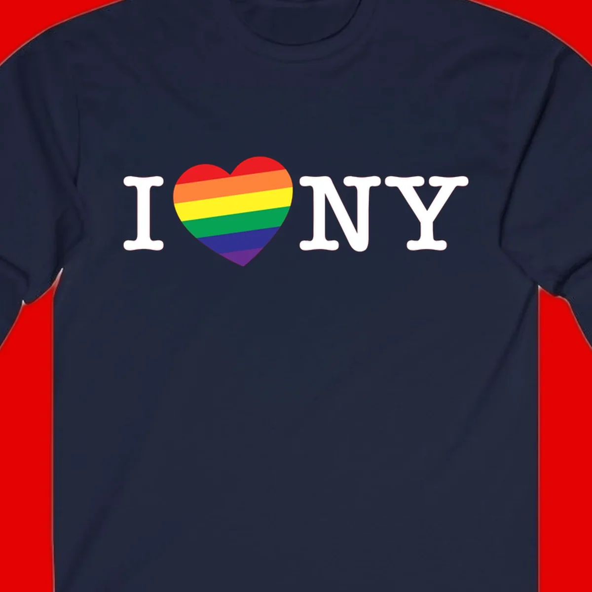 I Love New York Pride design with rainbow heart replacing the love symbol, featuring pride flag colors on gray background