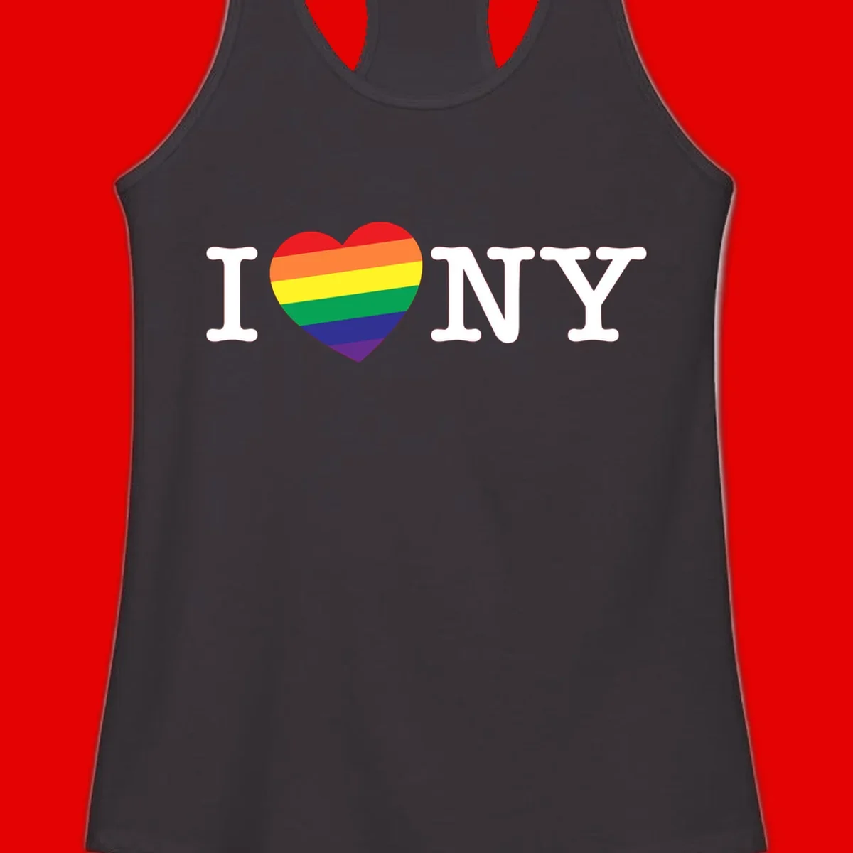 I Love New York Pride design with rainbow heart replacing the love symbol, featuring pride flag colors on gray background