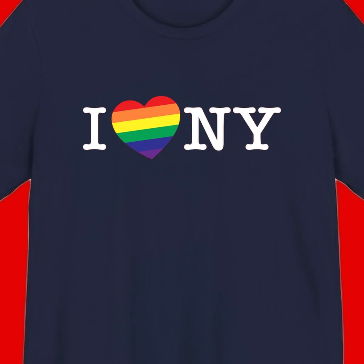 I Love New York Pride design with rainbow heart replacing the love symbol, featuring pride flag colors on gray background