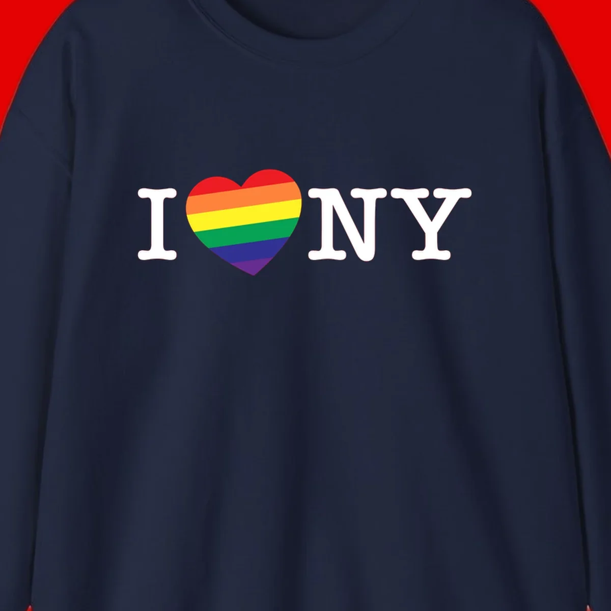 I Love New York Pride design with rainbow heart replacing the love symbol, featuring pride flag colors on gray background