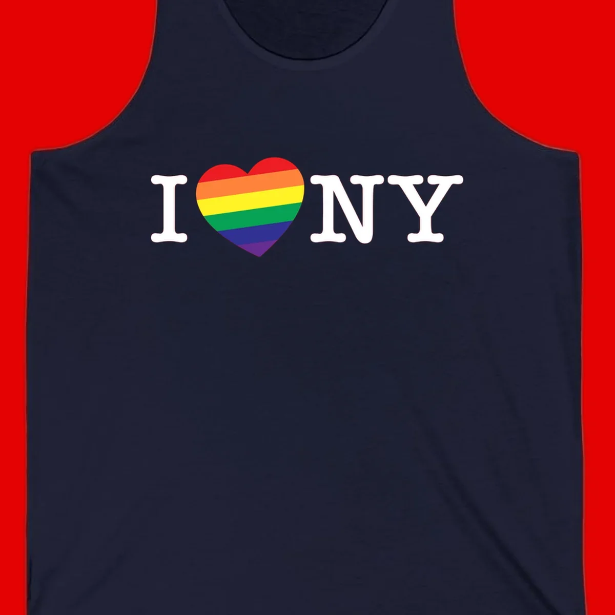 I Love New York Pride design with rainbow heart replacing the love symbol, featuring pride flag colors on gray background