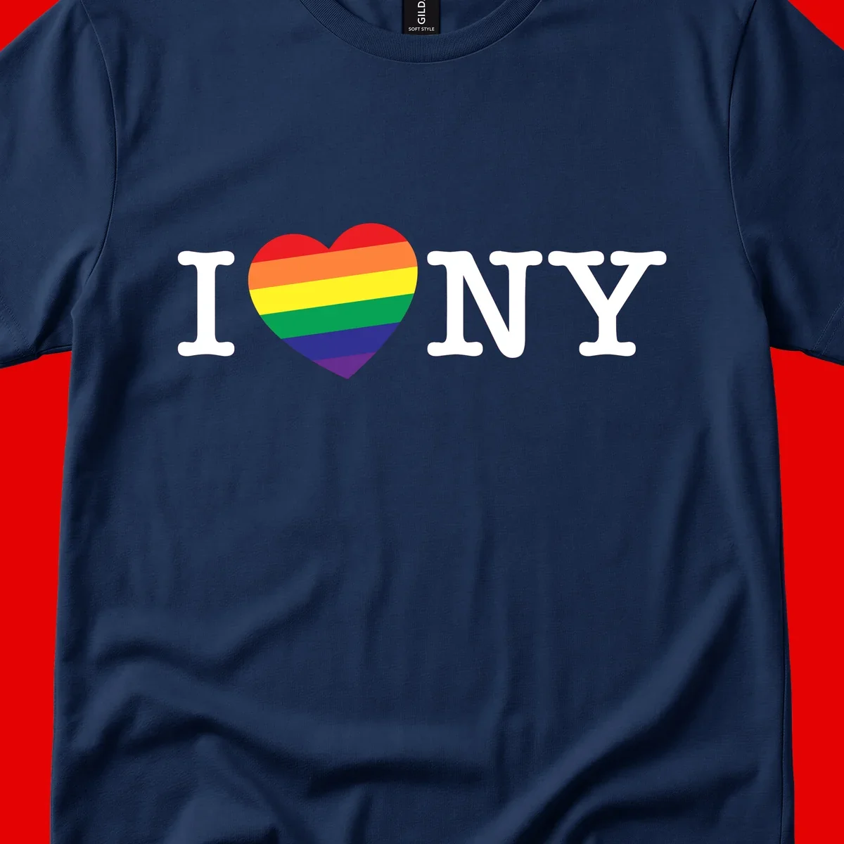 I Love New York Pride design with rainbow heart replacing the love symbol, featuring pride flag colors on gray background