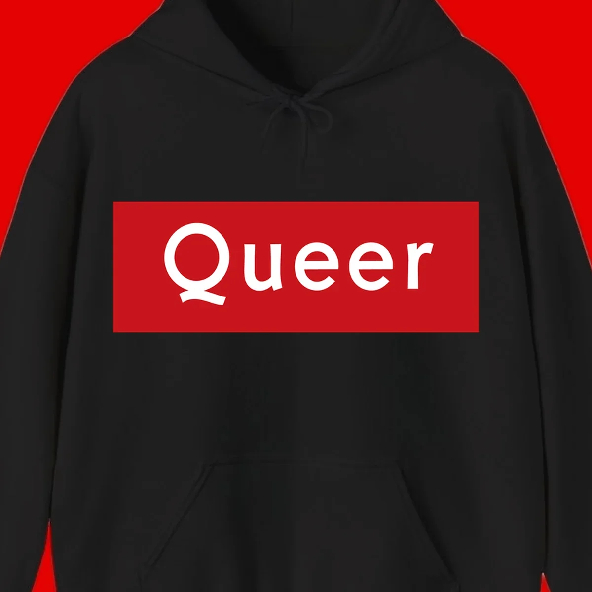 Bold white 'Queer' text on bright red background - a powerful queer pride statement design