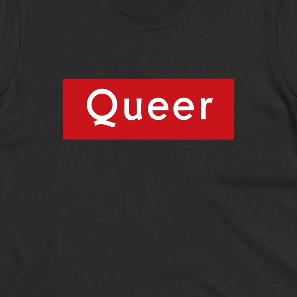 Bold white 'Queer' text on bright red background - a powerful queer pride statement design
