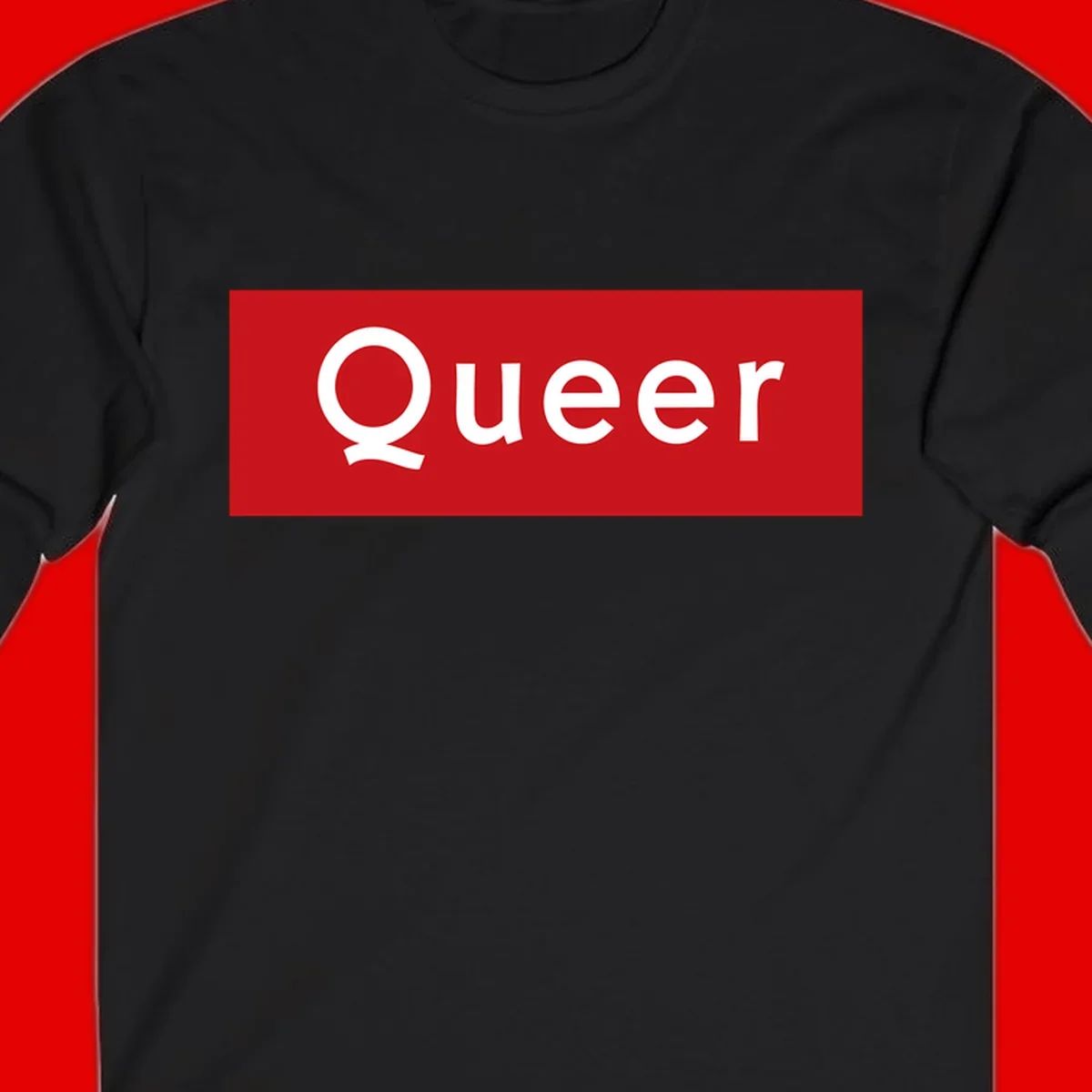 Bold white 'Queer' text on bright red background - a powerful queer pride statement design