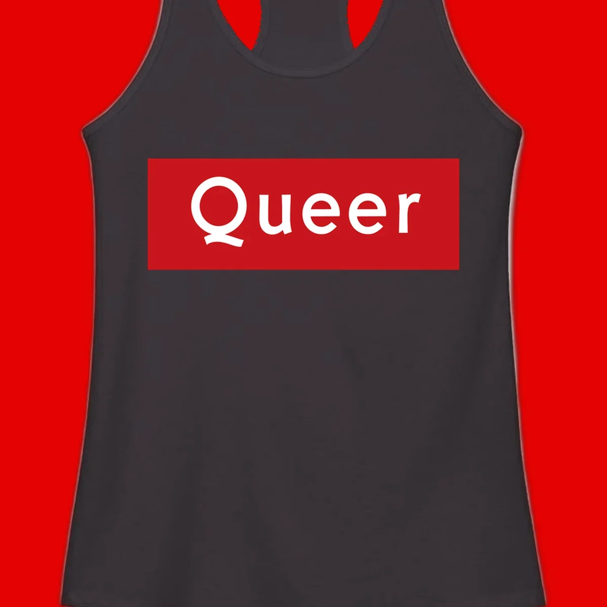 Bold white 'Queer' text on bright red background - a powerful queer pride statement design