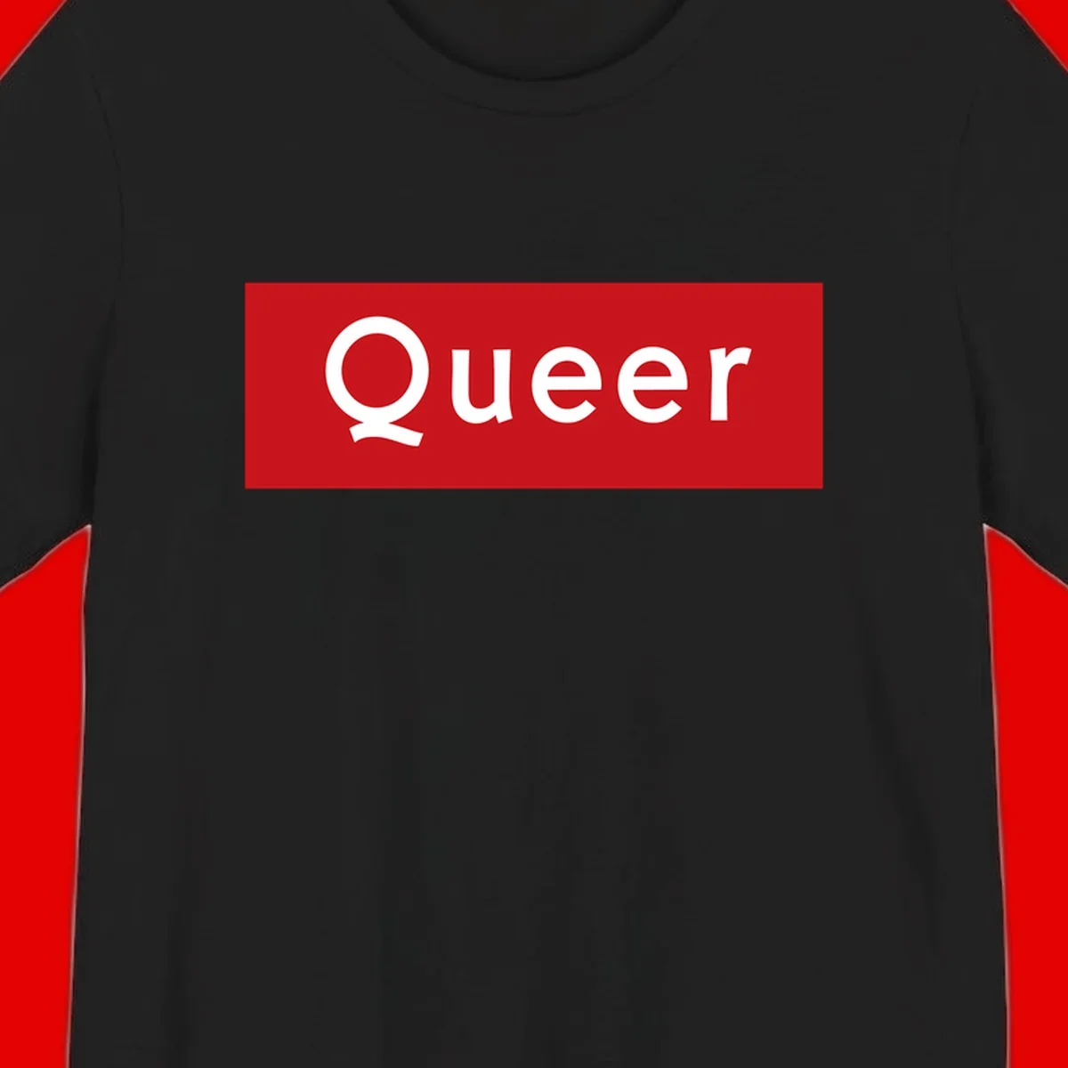 Bold white 'Queer' text on bright red background - a powerful queer pride statement design