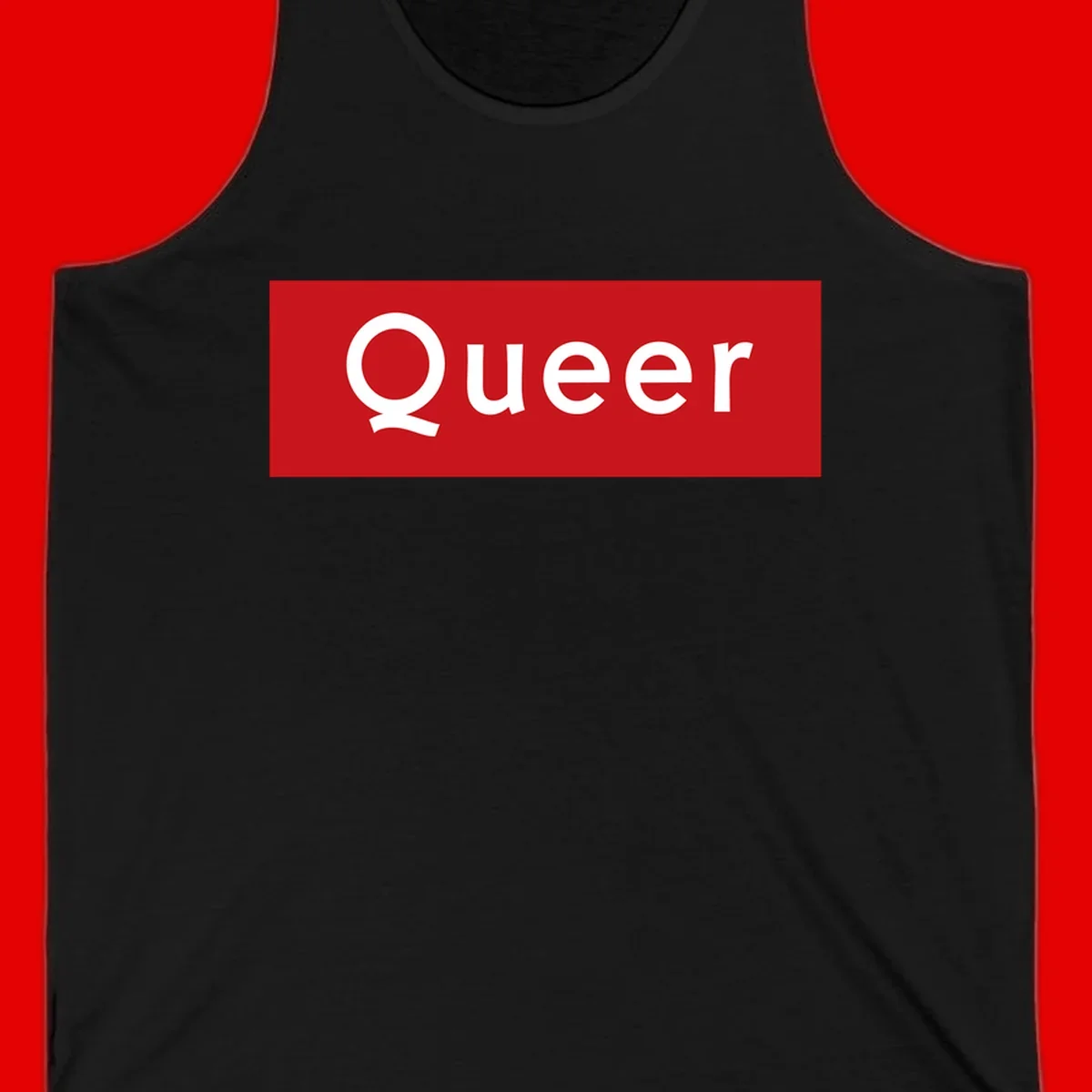Bold white 'Queer' text on bright red background - a powerful queer pride statement design