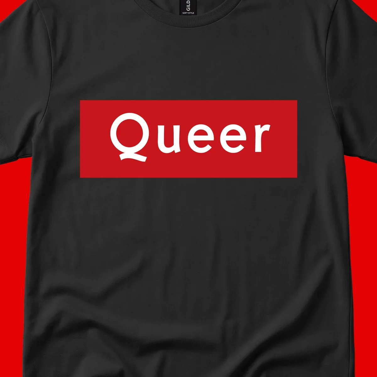 Bold white 'Queer' text on bright red background - a powerful queer pride statement design