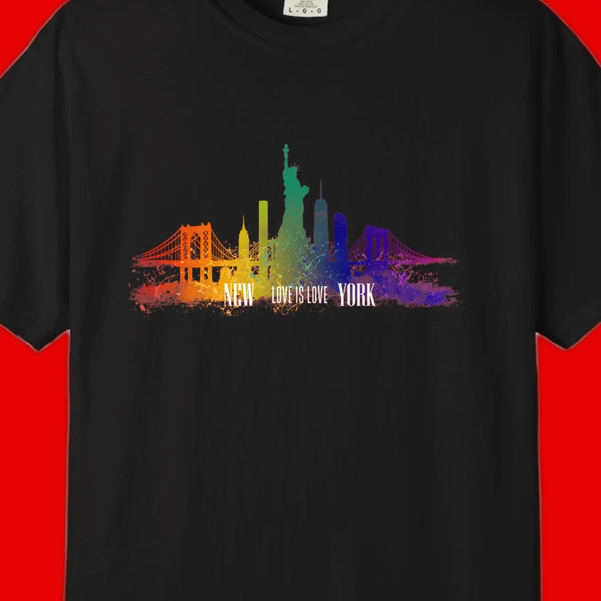 New York skyline with iconic landmarks rendered in rainbow watercolor gradients, featuring 'NEW LOVE IS LOVE YORK' text celebrating LGBTQ+ pride.