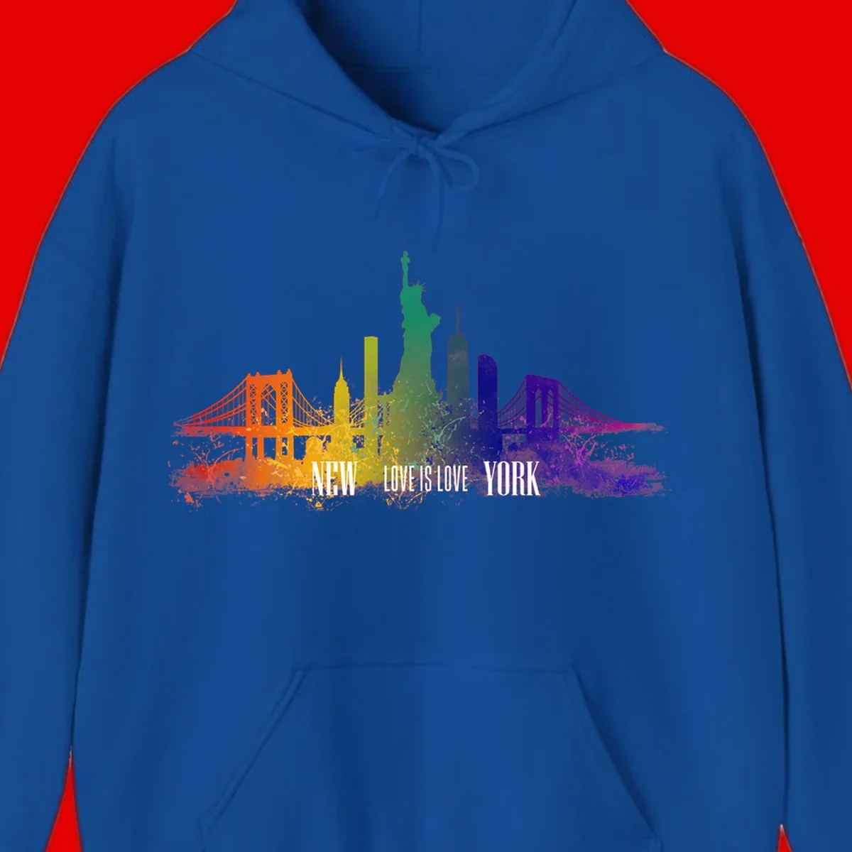 New York skyline with iconic landmarks rendered in rainbow watercolor gradients, featuring 'NEW LOVE IS LOVE YORK' text celebrating LGBTQ+ pride.