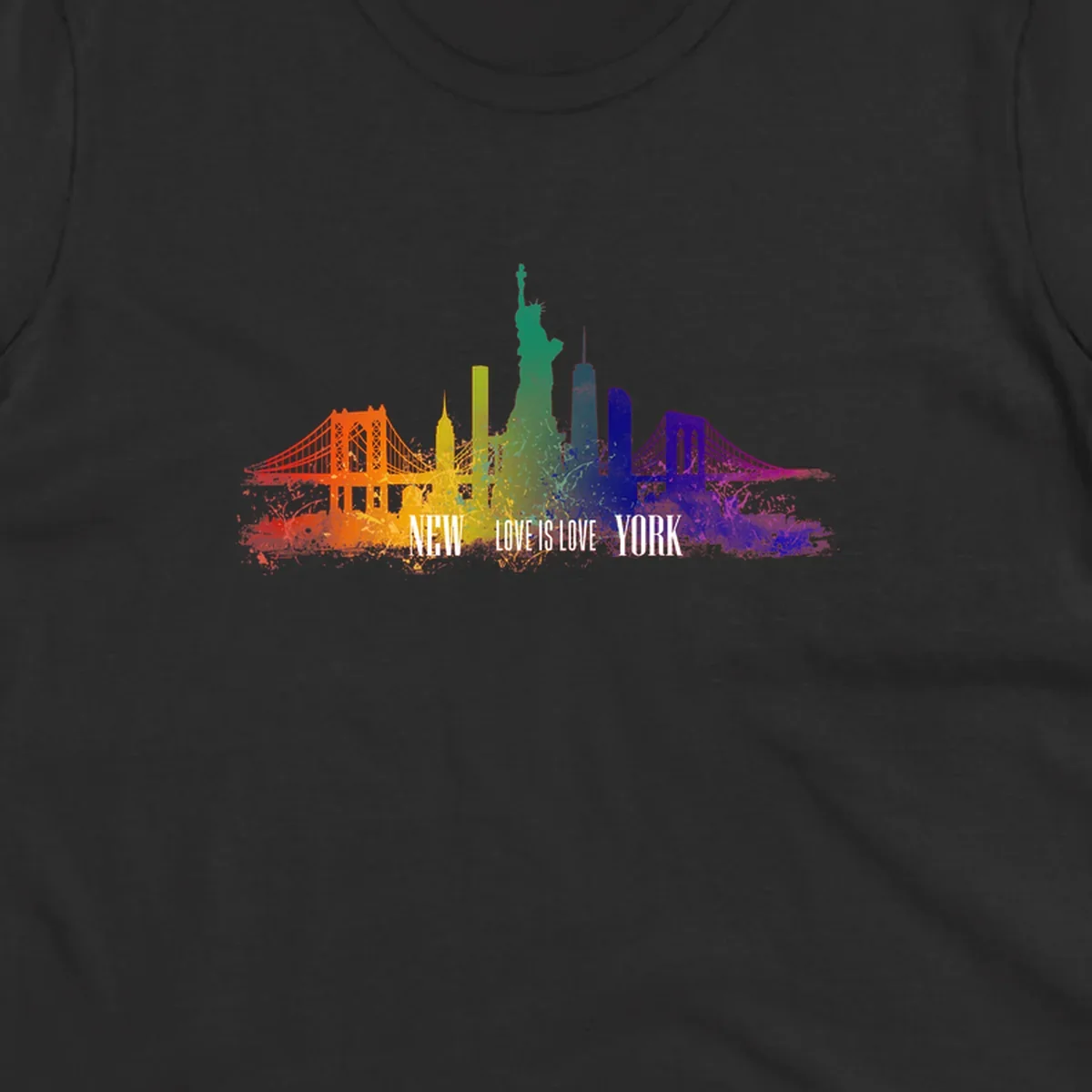New York skyline with iconic landmarks rendered in rainbow watercolor gradients, featuring 'NEW LOVE IS LOVE YORK' text celebrating LGBTQ+ pride.