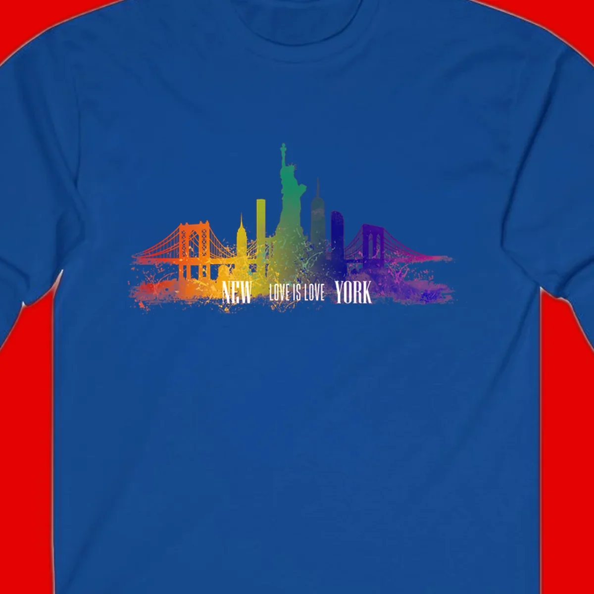 New York skyline with iconic landmarks rendered in rainbow watercolor gradients, featuring 'NEW LOVE IS LOVE YORK' text celebrating LGBTQ+ pride.