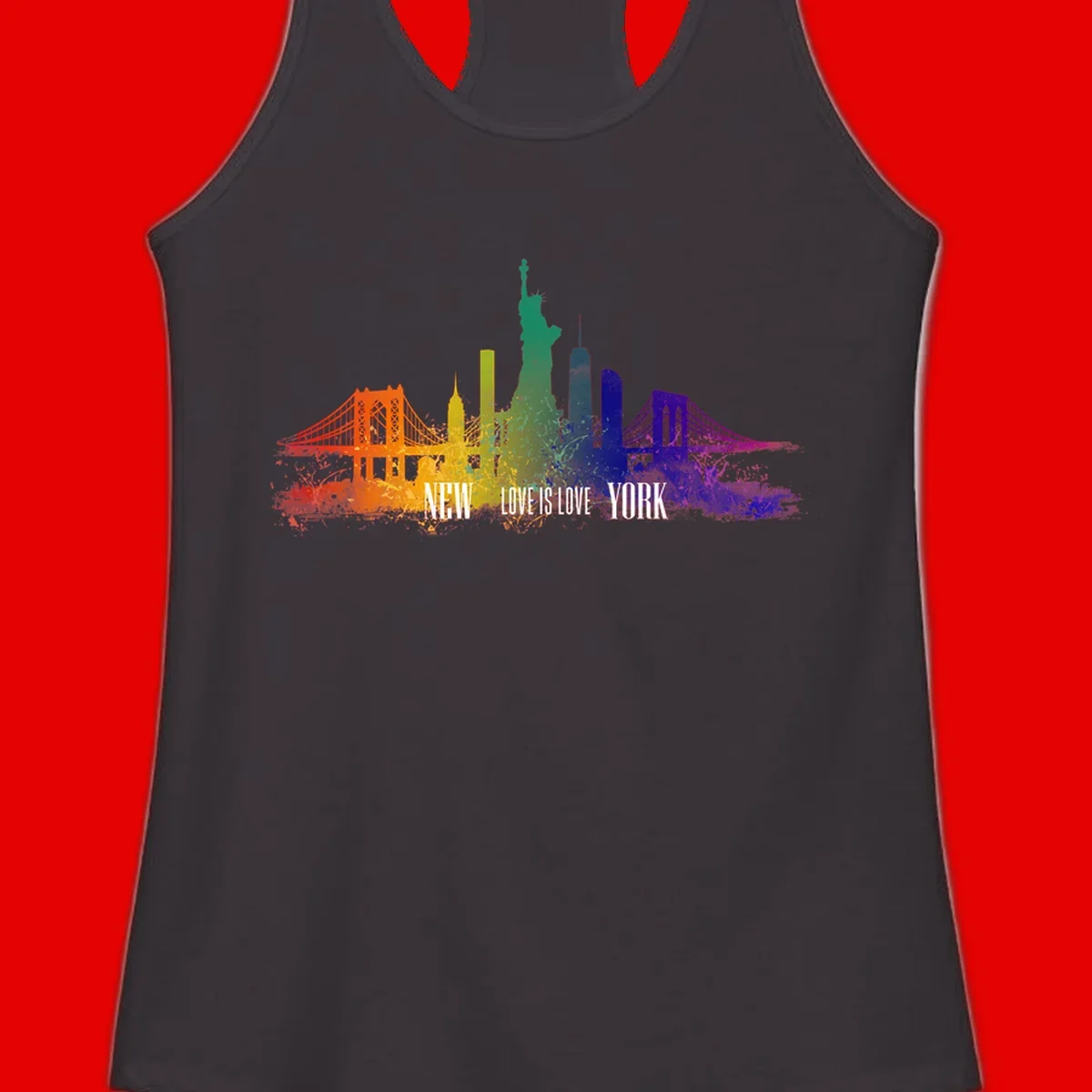 New York skyline with iconic landmarks rendered in rainbow watercolor gradients, featuring 'NEW LOVE IS LOVE YORK' text celebrating LGBTQ+ pride.