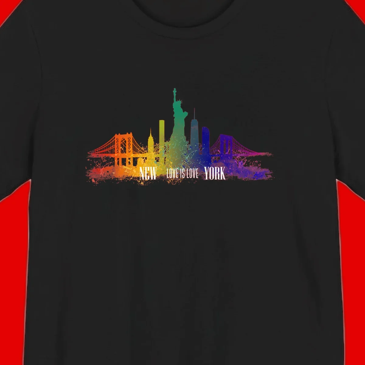 New York skyline with iconic landmarks rendered in rainbow watercolor gradients, featuring 'NEW LOVE IS LOVE YORK' text celebrating LGBTQ+ pride.