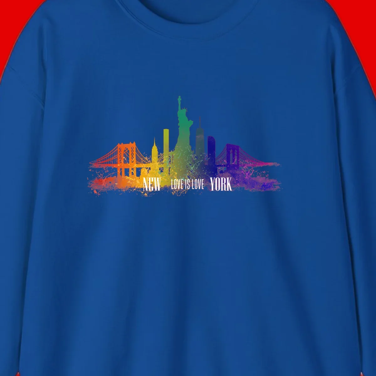 New York skyline with iconic landmarks rendered in rainbow watercolor gradients, featuring 'NEW LOVE IS LOVE YORK' text celebrating LGBTQ+ pride.