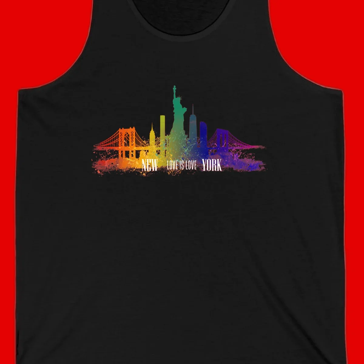 New York skyline with iconic landmarks rendered in rainbow watercolor gradients, featuring 'NEW LOVE IS LOVE YORK' text celebrating LGBTQ+ pride.