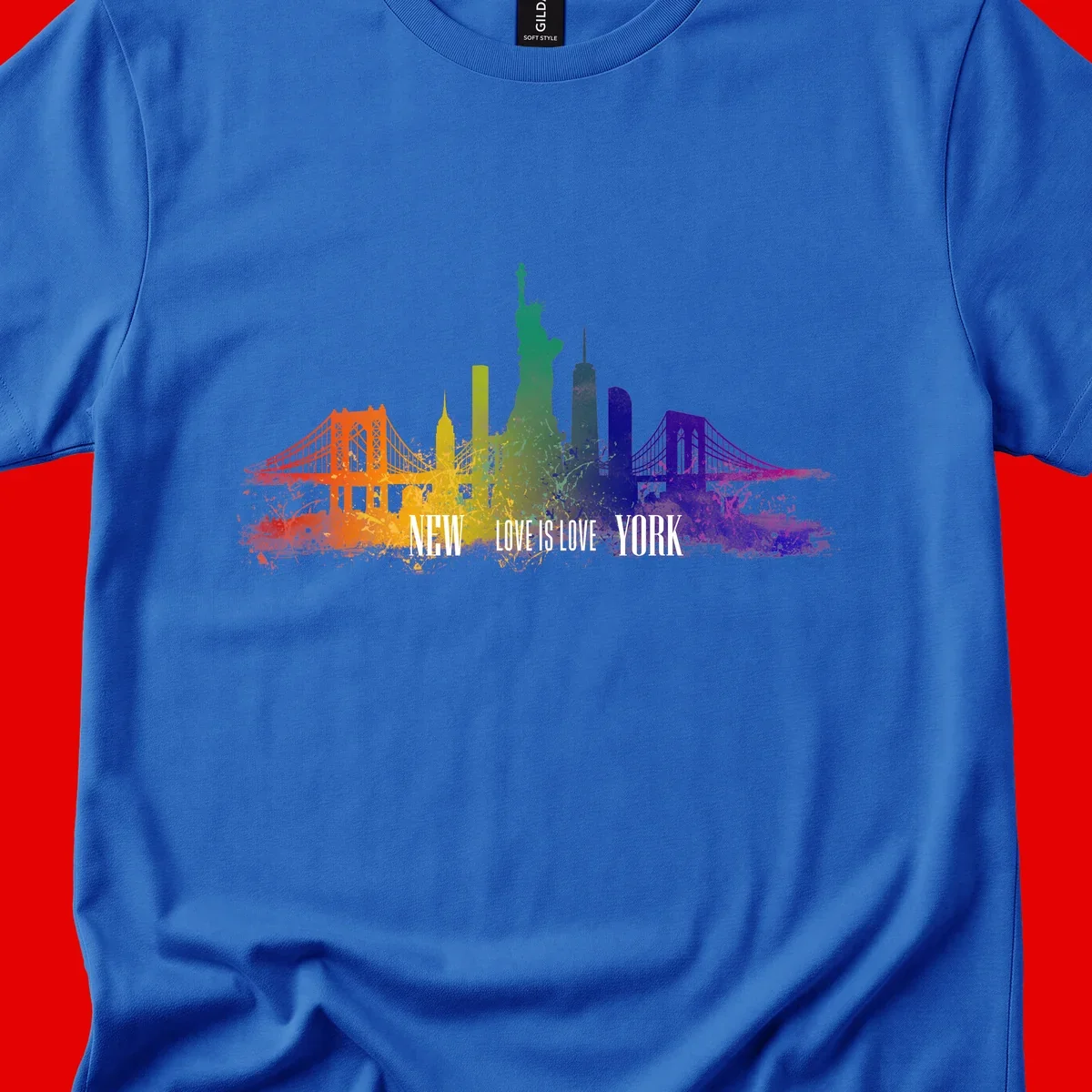 New York skyline with iconic landmarks rendered in rainbow watercolor gradients, featuring 'NEW LOVE IS LOVE YORK' text celebrating LGBTQ+ pride.