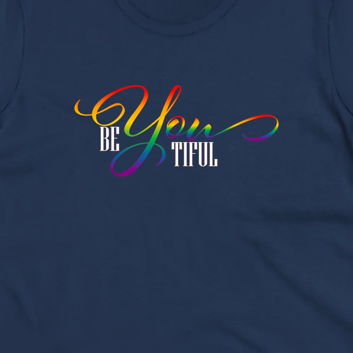 Colorful be-you-them-pride design with flowing rainbow gradient text transitioning from red to purple on gray background