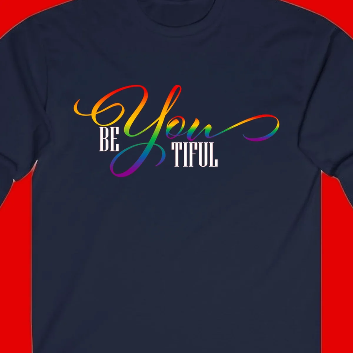 Colorful be-you-them-pride design with flowing rainbow gradient text transitioning from red to purple on gray background