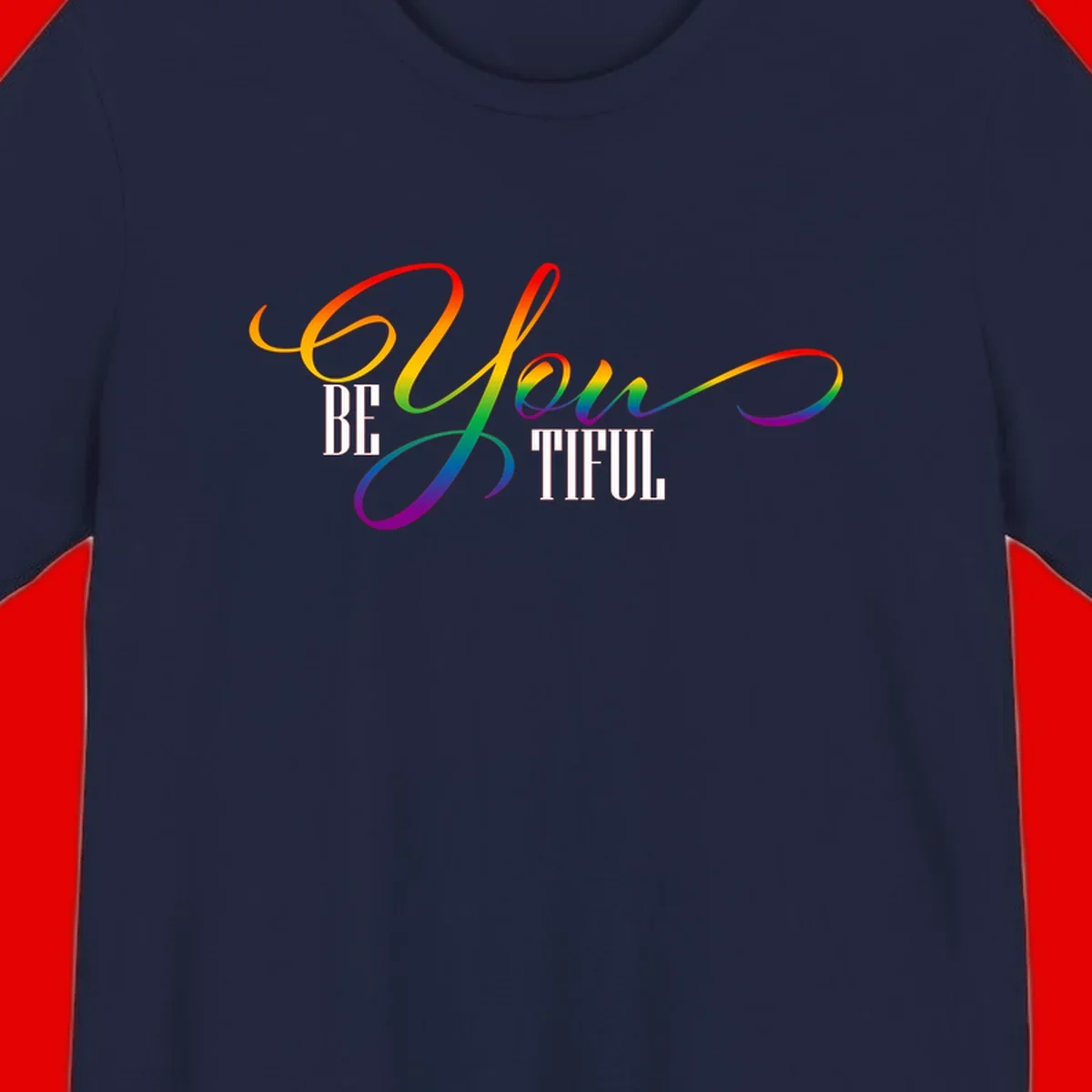 Colorful be-you-them-pride design with flowing rainbow gradient text transitioning from red to purple on gray background