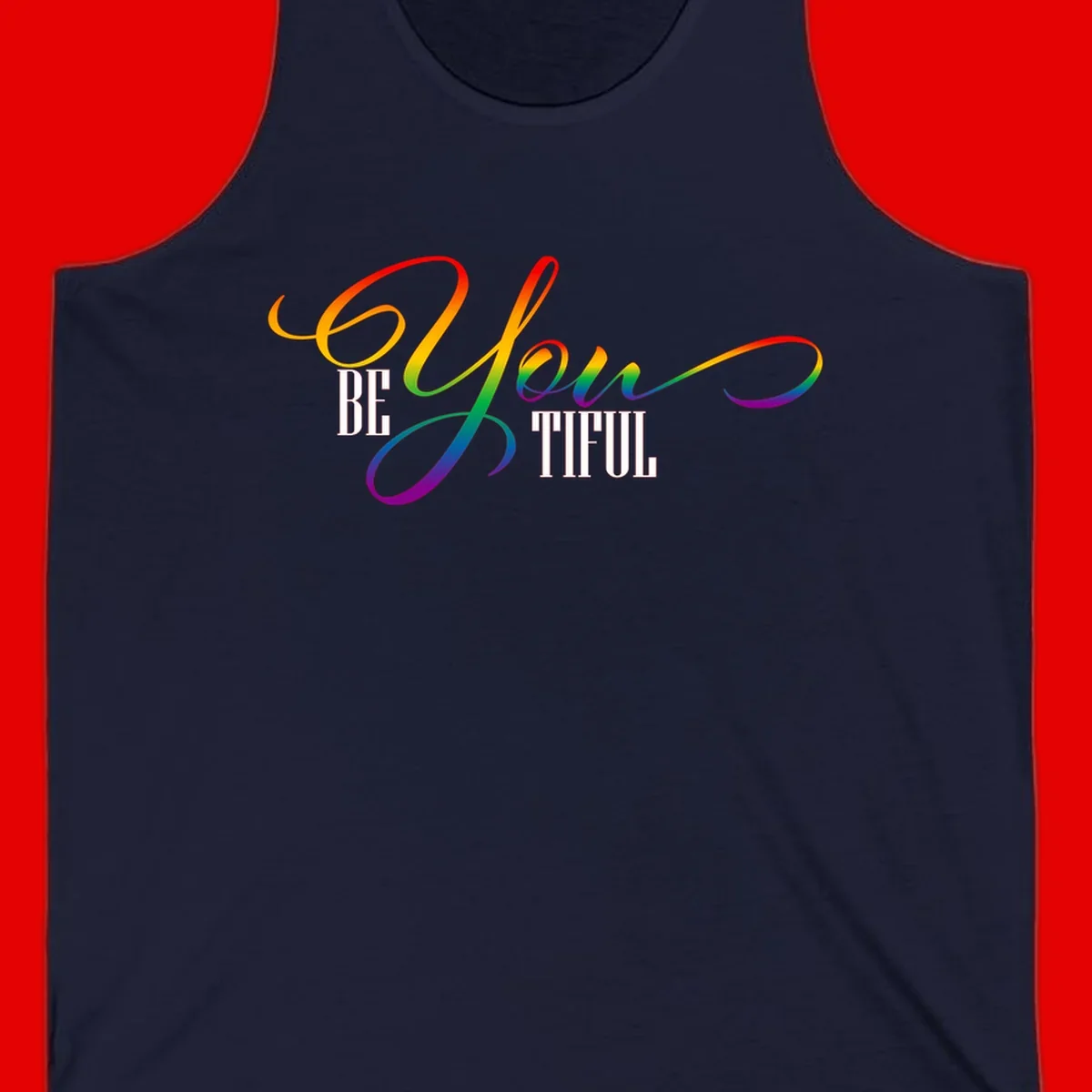 Colorful be-you-them-pride design with flowing rainbow gradient text transitioning from red to purple on gray background