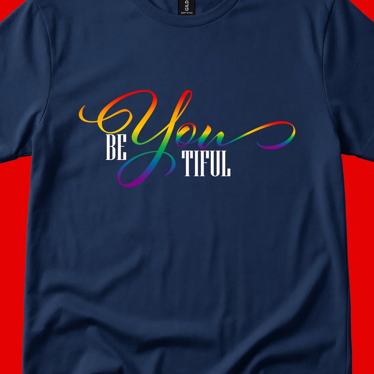 Colorful be-you-them-pride design with flowing rainbow gradient text transitioning from red to purple on gray background
