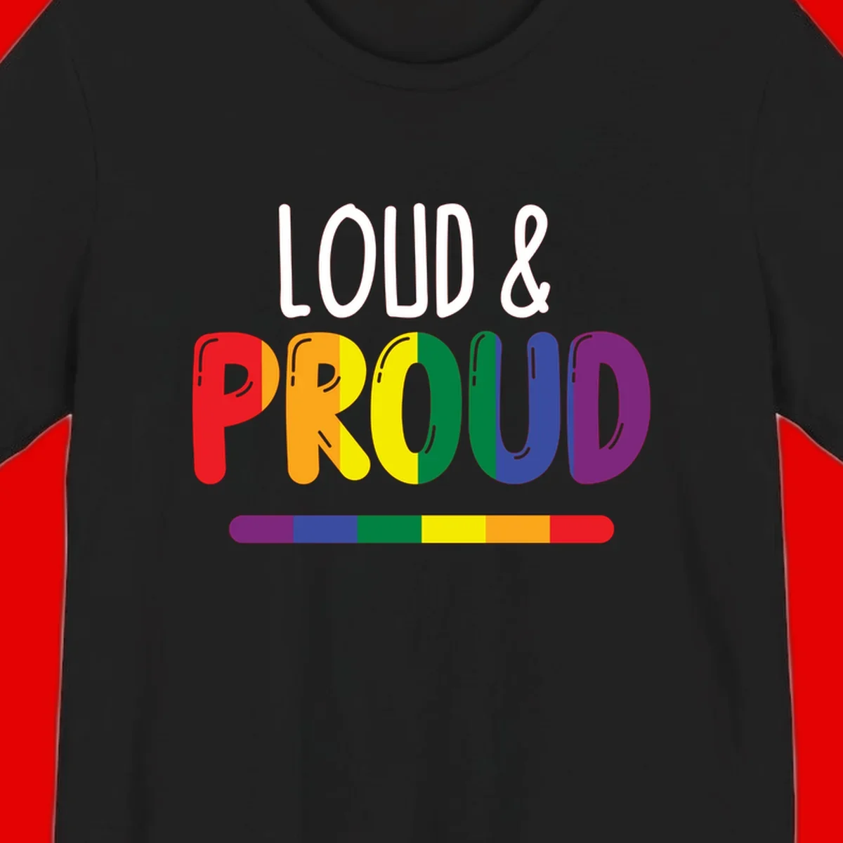 Loud and proud rainbow pride design with colorful gradient letters and pride flag stripe on gray background