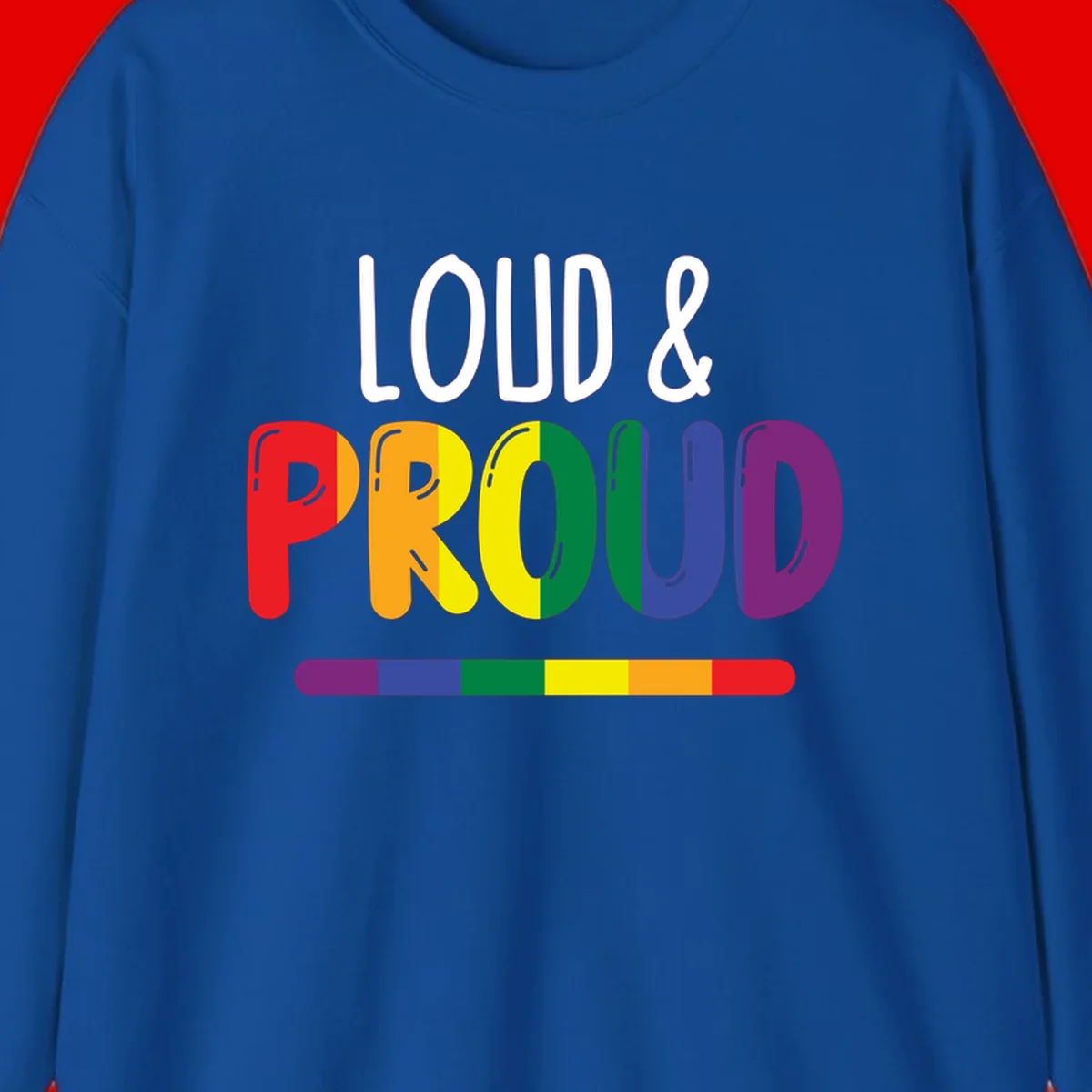 Loud and proud rainbow pride design with colorful gradient letters and pride flag stripe on gray background