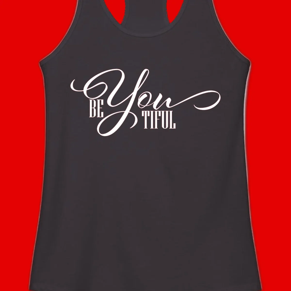 Elegant white typography reading 'BE YOU THRILL' with decorative script and serif lettering on gray background