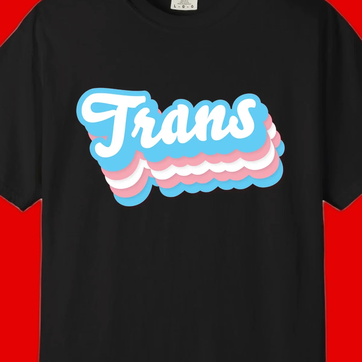 Trans pride cloud layers design with white 'Trans' text on alternating blue, pink, and white scalloped cloud shapes