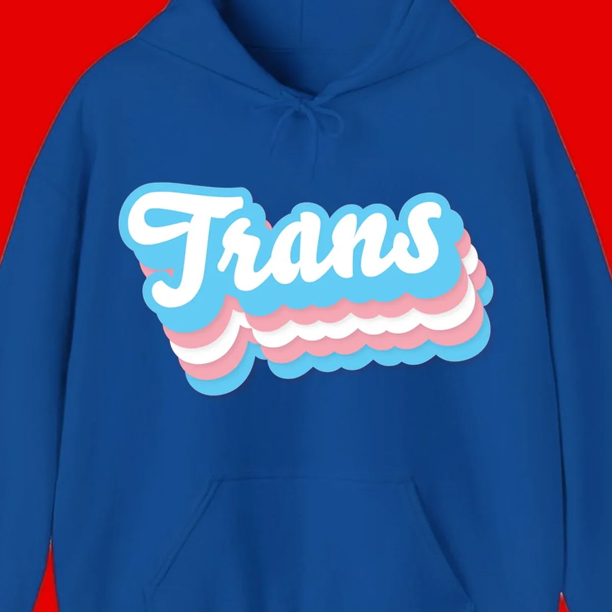 Trans pride cloud layers design with white 'Trans' text on alternating blue, pink, and white scalloped cloud shapes