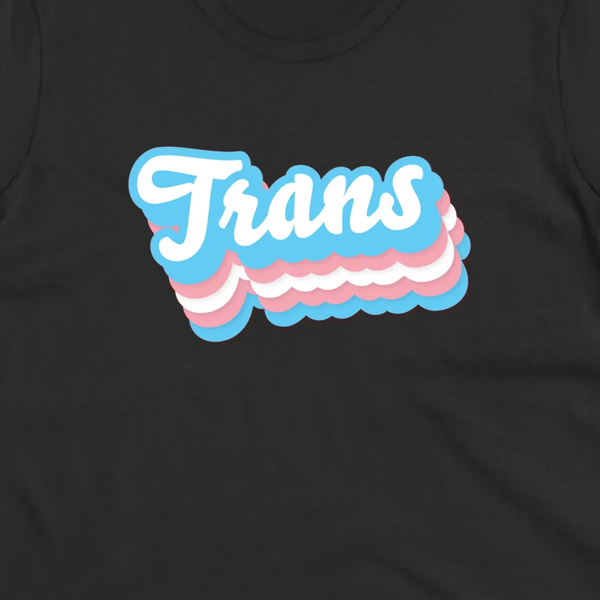 Trans pride cloud layers design with white 'Trans' text on alternating blue, pink, and white scalloped cloud shapes