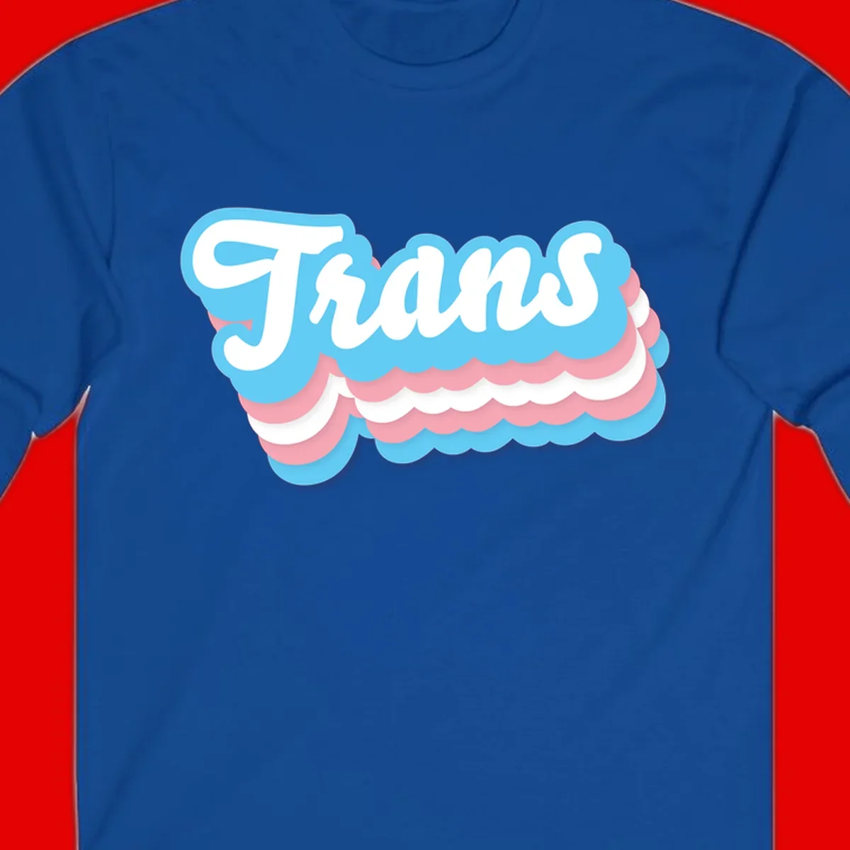 Trans pride cloud layers design with white 'Trans' text on alternating blue, pink, and white scalloped cloud shapes