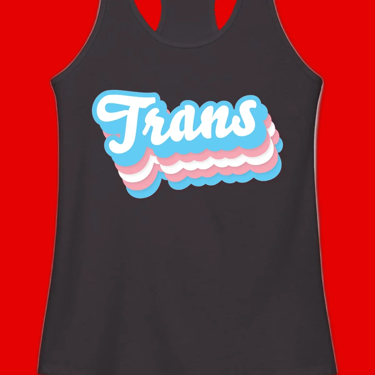 Trans pride cloud layers design with white 'Trans' text on alternating blue, pink, and white scalloped cloud shapes