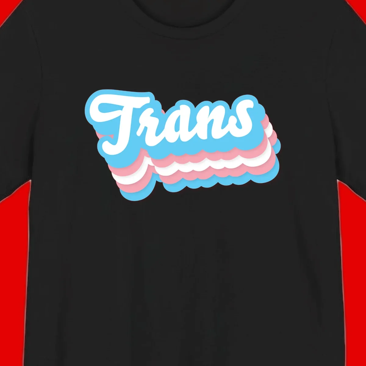 Trans pride cloud layers design with white 'Trans' text on alternating blue, pink, and white scalloped cloud shapes