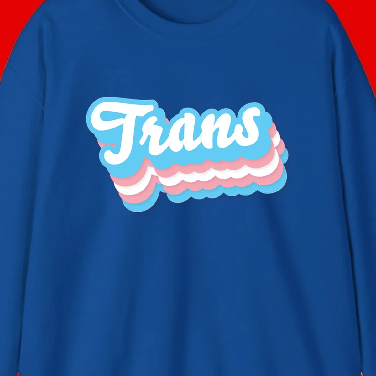 Trans pride cloud layers design with white 'Trans' text on alternating blue, pink, and white scalloped cloud shapes
