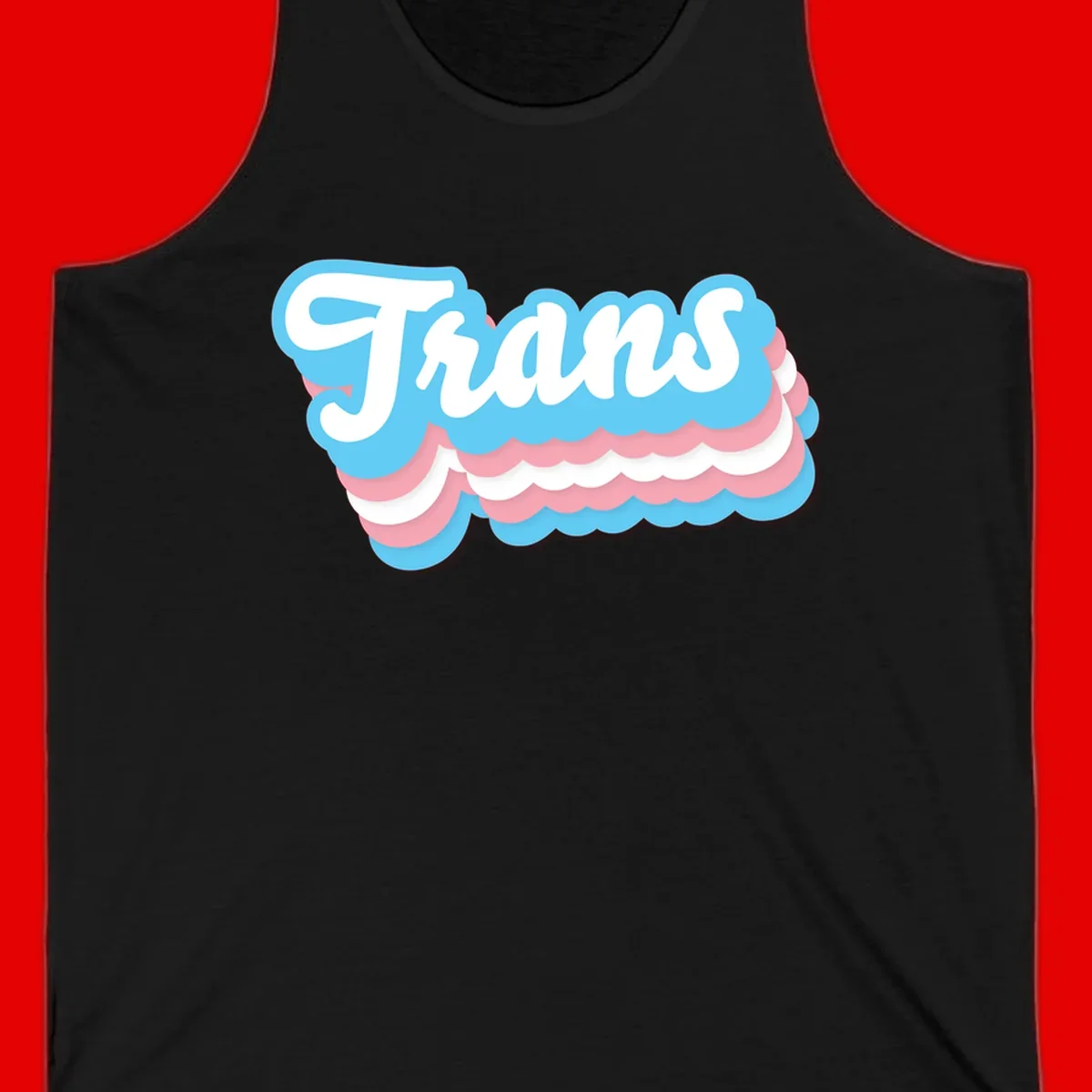 Trans pride cloud layers design with white 'Trans' text on alternating blue, pink, and white scalloped cloud shapes