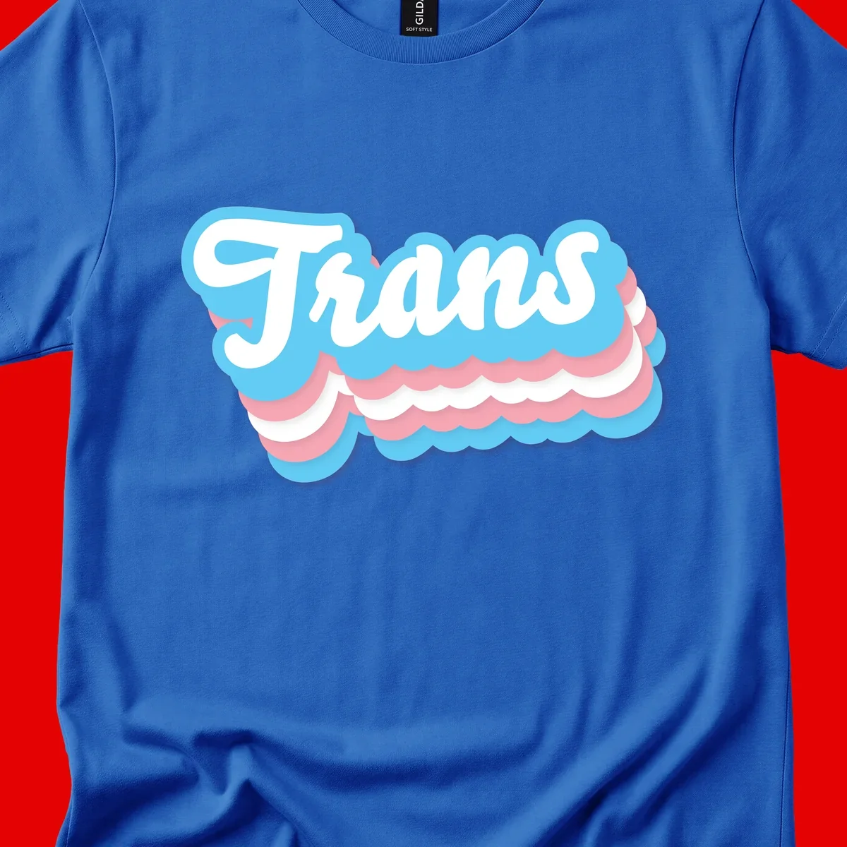 Trans pride cloud layers design with white 'Trans' text on alternating blue, pink, and white scalloped cloud shapes