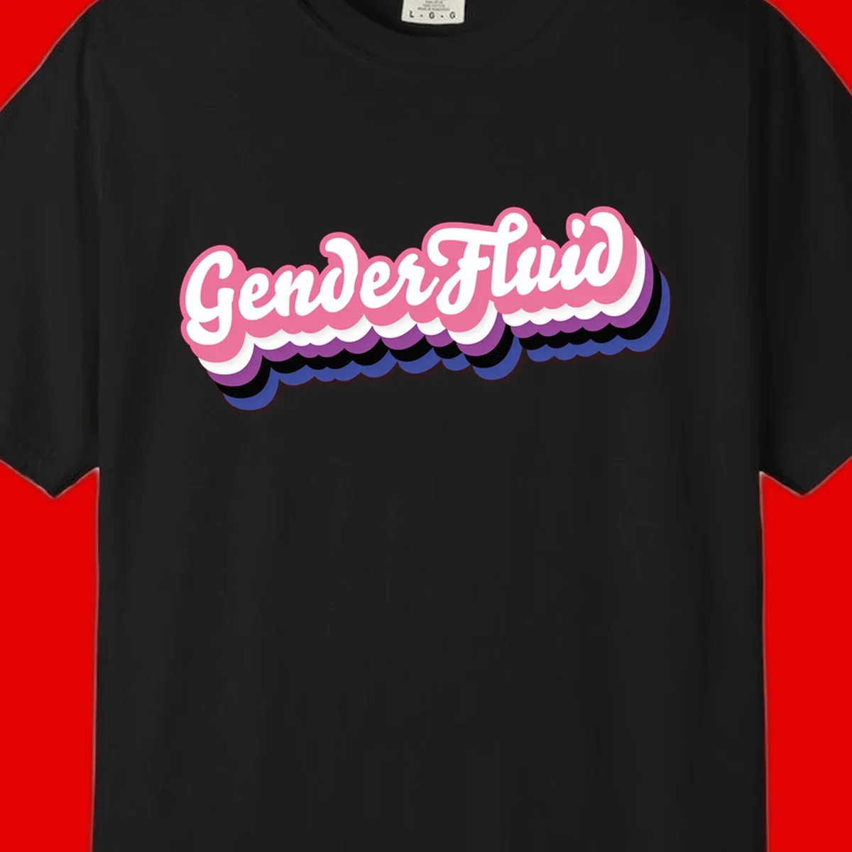 Colorful gender fluid pride design with white text and pink, purple, blue layered cloud effect