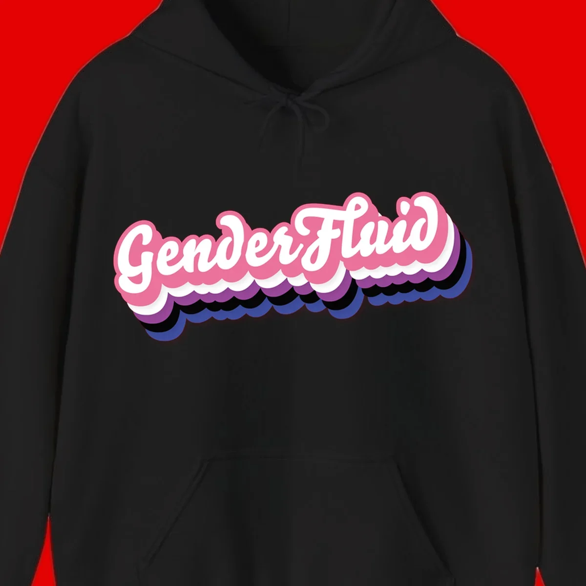 Colorful gender fluid pride design with white text and pink, purple, blue layered cloud effect