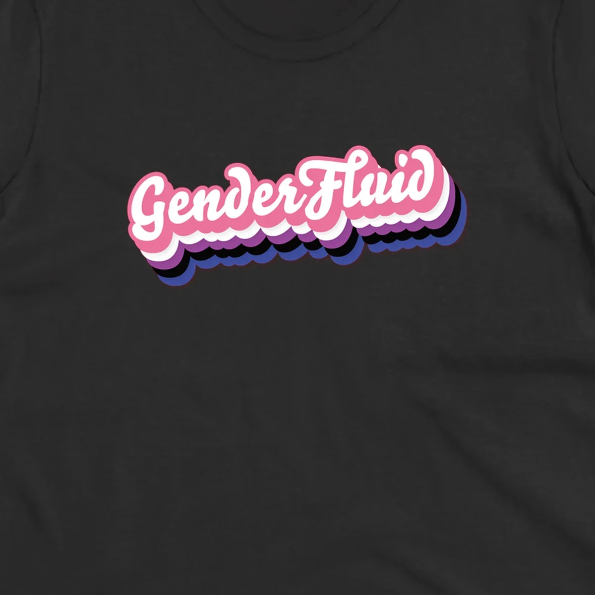 Colorful gender fluid pride design with white text and pink, purple, blue layered cloud effect