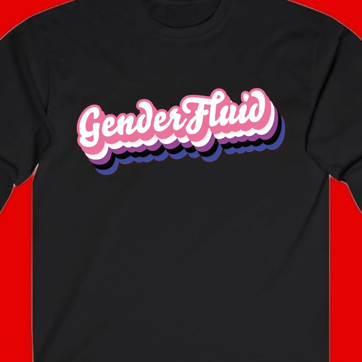 Colorful gender fluid pride design with white text and pink, purple, blue layered cloud effect
