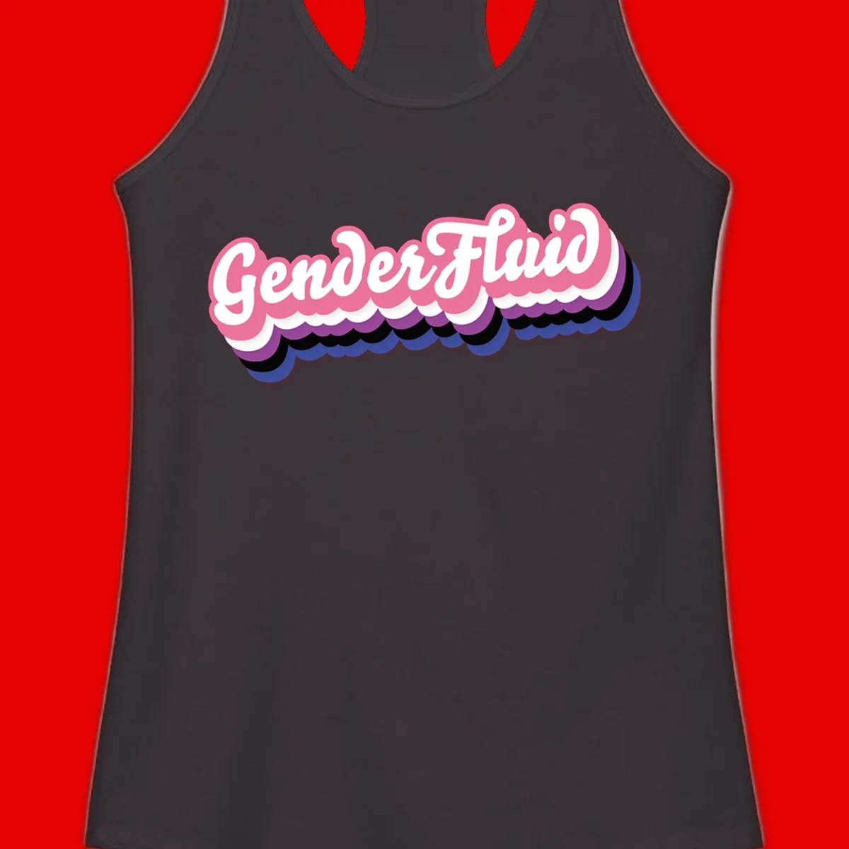 Colorful gender fluid pride design with white text and pink, purple, blue layered cloud effect