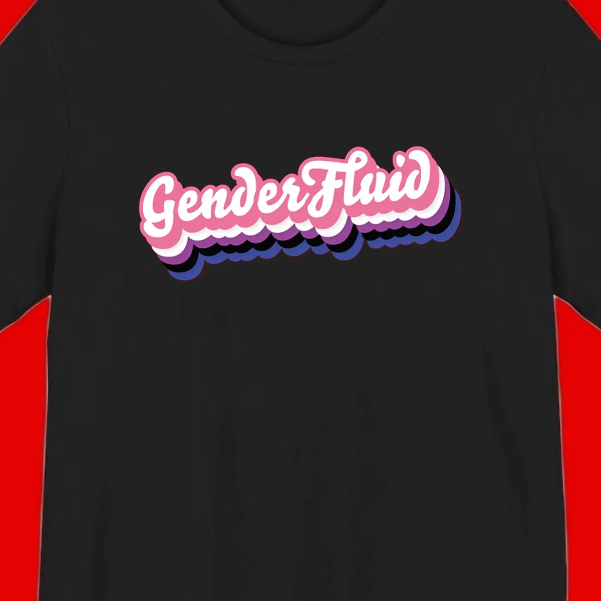 Colorful gender fluid pride design with white text and pink, purple, blue layered cloud effect