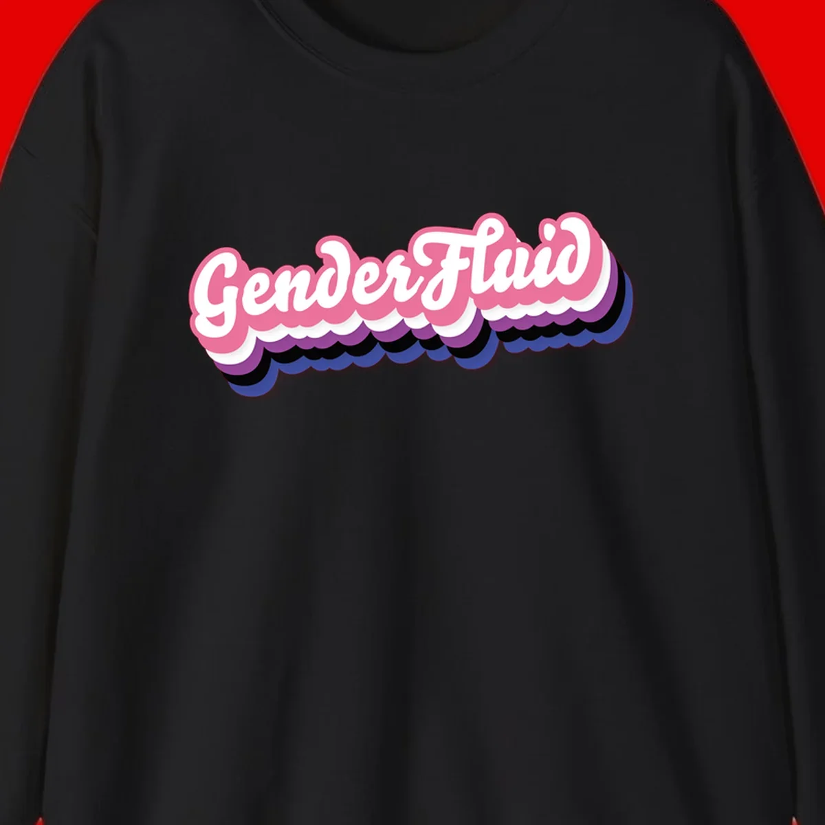 Colorful gender fluid pride design with white text and pink, purple, blue layered cloud effect